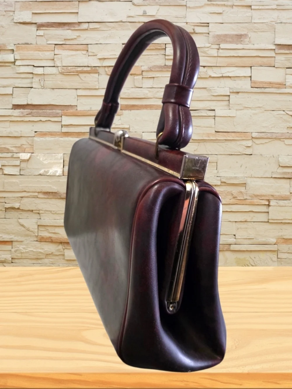 Vintage 1960s Doctor Bag Genuine Leather Frame Satchel Brown Structured Handle